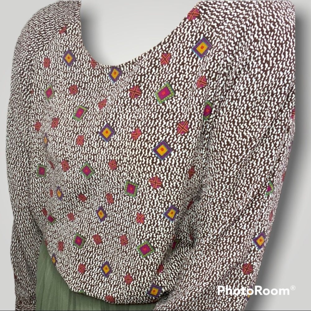 Vintage 80s Long Sleeve Brown with Jewel Tone Pattern Blouse + Shoulder Pads - Picture 3 of 15